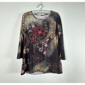 Caia Womens Round Neck Floral Animal Print 3/4 Sleeve Tunic Top Large Black